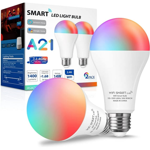 YMTQ A21 Smart LED Bulbs WIFI Dimmable Music Sync RGBCW Color Changing 14W 100W Equivalent 1400lumen Party Home Decor Bedroom Living Room 2 Pack