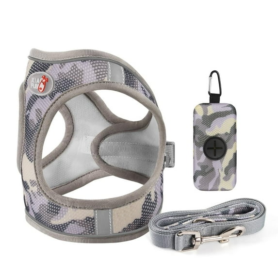 YMTQ Small Dog Harness Set, 3 in 1 Camo Pet Harness Leash Bag Set, Dog Breathable Pull Adjustable D-ring Reflective Mesh Harness,Walking Harness Vest for Small Dogs Grey XS