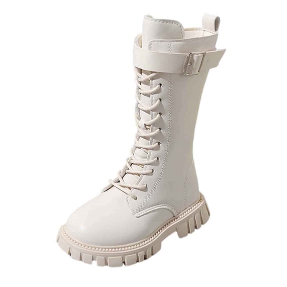 YMUQEIGH Girls Leather Riding Knee High Boots with Side Zipper Fashion Round Toe Comfortable Low Heel Lace Up Combat Boots Lug Sole Motorcycle Boots Little Kid/Big Kid