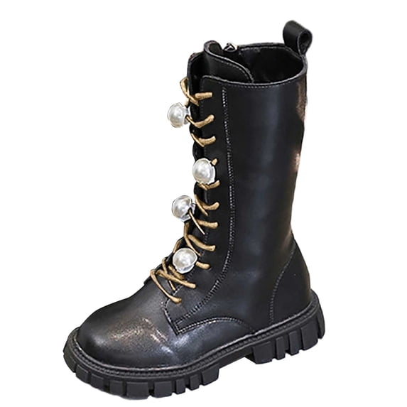 YMUQEIGH Girls Leather Riding Knee High Boots with Side Zipper Fashion Round Toe Comfortable Low Heel Lace Up Combat Boots Lug Sole Motorcycle Boots Little Kid/Big Kid