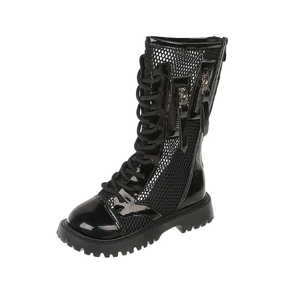 YMUQEIGH Girls Leather Riding Knee High Boots with Side Zipper Fashion Round Toe Comfortable Low Heel Lace Up Combat Boots Lug Sole Motorcycle Boots Little Kid/Big Kid
