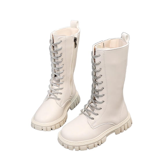 YMUQEIGH Girls Leather Riding Knee High Boots with Side Zipper Fashion Round Toe Comfortable Low Heel Lace Up Combat Boots Lug Sole Motorcycle Boots Little Kid/Big Kid