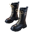 thumbnail image 1 of YMUQEIGH Girls Leather Riding Knee High Boots with Side Zipper Fashion Round Toe Comfortable Low Heel Lace Up Combat Boots Lug Sole Motorcycle Boots Little Kid/Big Kid, 1 of 7