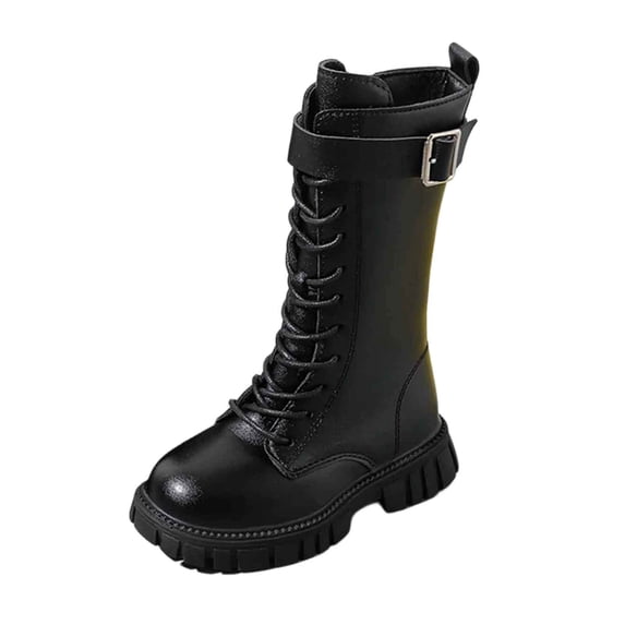 YMUQEIGH Girls Leather Riding Knee High Boots with Side Zipper Fashion Round Toe Comfortable Low Heel Lace Up Combat Boots Lug Sole Motorcycle Boots Little Kid/Big Kid