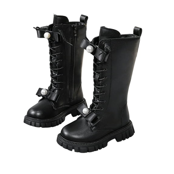 YMUQEIGH Girls Leather Riding Knee High Boots with Side Zipper Fashion Round Toe Comfortable Low Heel Lace Up Combat Boots Lug Sole Motorcycle Boots Little Kid/Big Kid