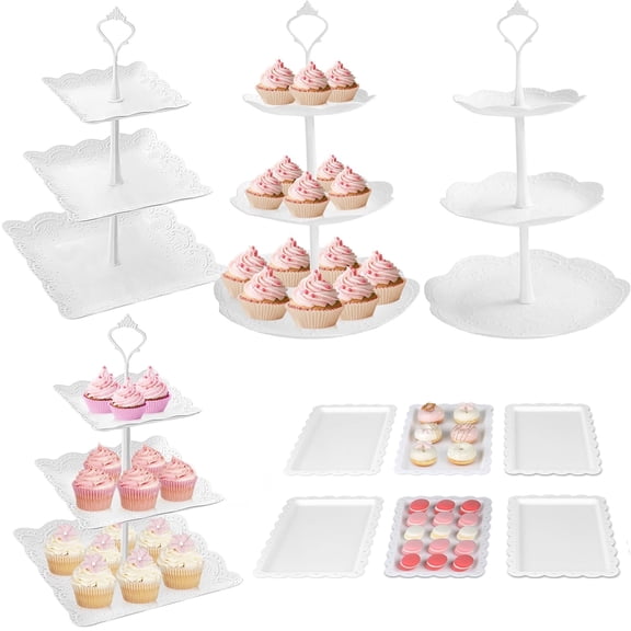 YMWVH 10-Piece Cake Stand Set - 4 Three-Tier Cupcake Stands & 6 Dessert Platters (White) for Birthdays & Parties