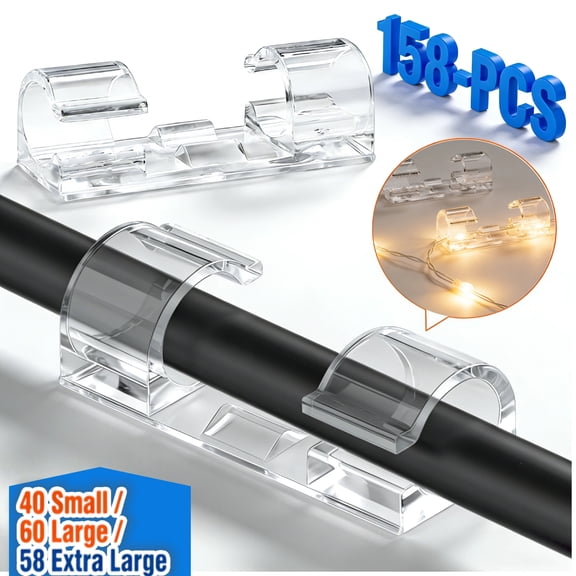 YMWVH 158 PCS Clear Adhesive Cable Clips, 3 Sizes Cord Clips, No-Residue Cable Clips for Home Office & Cord Clips for Wires on Wall