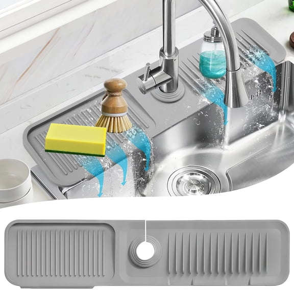 YMWVH 24 Inch Silicone Faucet Mat, Sink Faucet Splash Guard, Kitchen Sink Splashguard, Gray