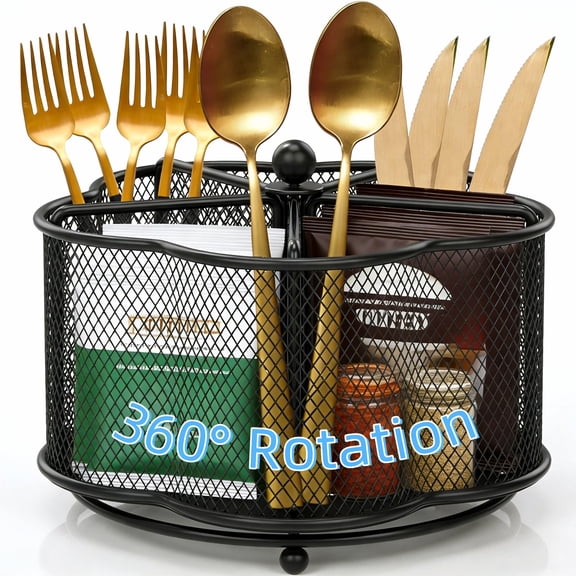 YMWVH 360° Rotating Utensils Holder, Stainless Steel Metal Utensil Caddy with 4 Compartments, Anti-Tip Kitchen Organizer for Countertop
