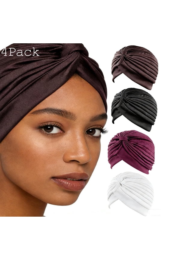 4 Pieces Stretchy Beanie Turbans for Women Soft Pre Tied Knot Chemo Turban Head Wraps for Women Sleep Hats, 4 Colors