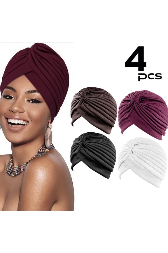 4 Pieces Stretchy Beanie Turbans for Women Soft Pre Tied Knot Chemo Turban Head Wraps for Women Sleep Hats, 4 Colors
