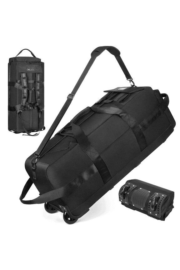 90L Wheeled Rolling Duffle Bag, 34-inch Waterproof Travel Luggage with Shoulder Strap & Hidden Backpack Straps, Foldable Carry-On for Camping, Black