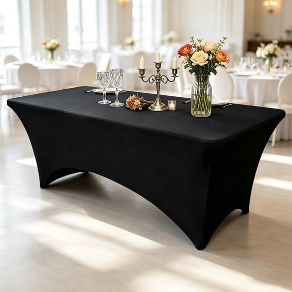 YMWVH Black Stretch Tablecloth for 6ft Tables | Washable, Wrinkle Resistant | Rectangle Cover for Weddings, Parties, Banquets