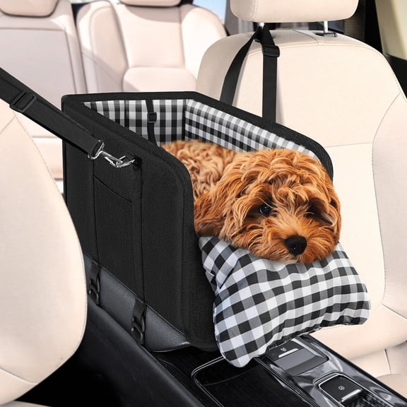 YMWVH Black Console Pet Car Seat, Armrest Booster Seat for Small Pets, Anti-Collapse with Soft Cushion and Safety Belt, Supports up to 11lbs