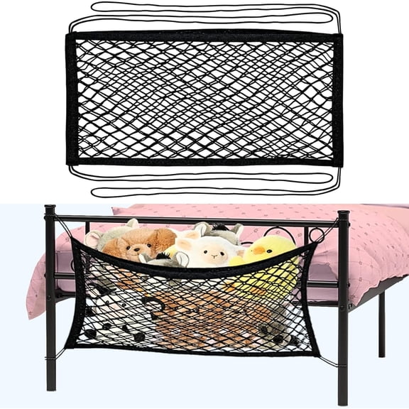 YMWVH Kids Stuffed Animal Storage Net - Bedside Toy Organizer, Elastic with Tether, Stretches Up to 32 Inches, Black, 2Pack