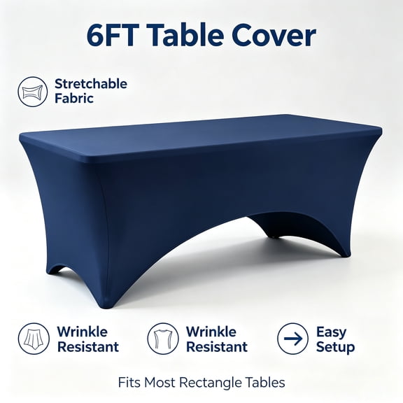 YMWVH Navy Blue Stretch Tablecloth for 6ft Tables | Washable, Wrinkle Resistant | Rectangle Cover for Weddings, Parties, Banquets
