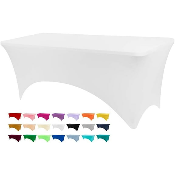 YMWVH White Stretch Tablecloth for 6ft Tables | Washable, Wrinkle Resistant | Rectangle Cover for Weddings, Parties, Banquets
