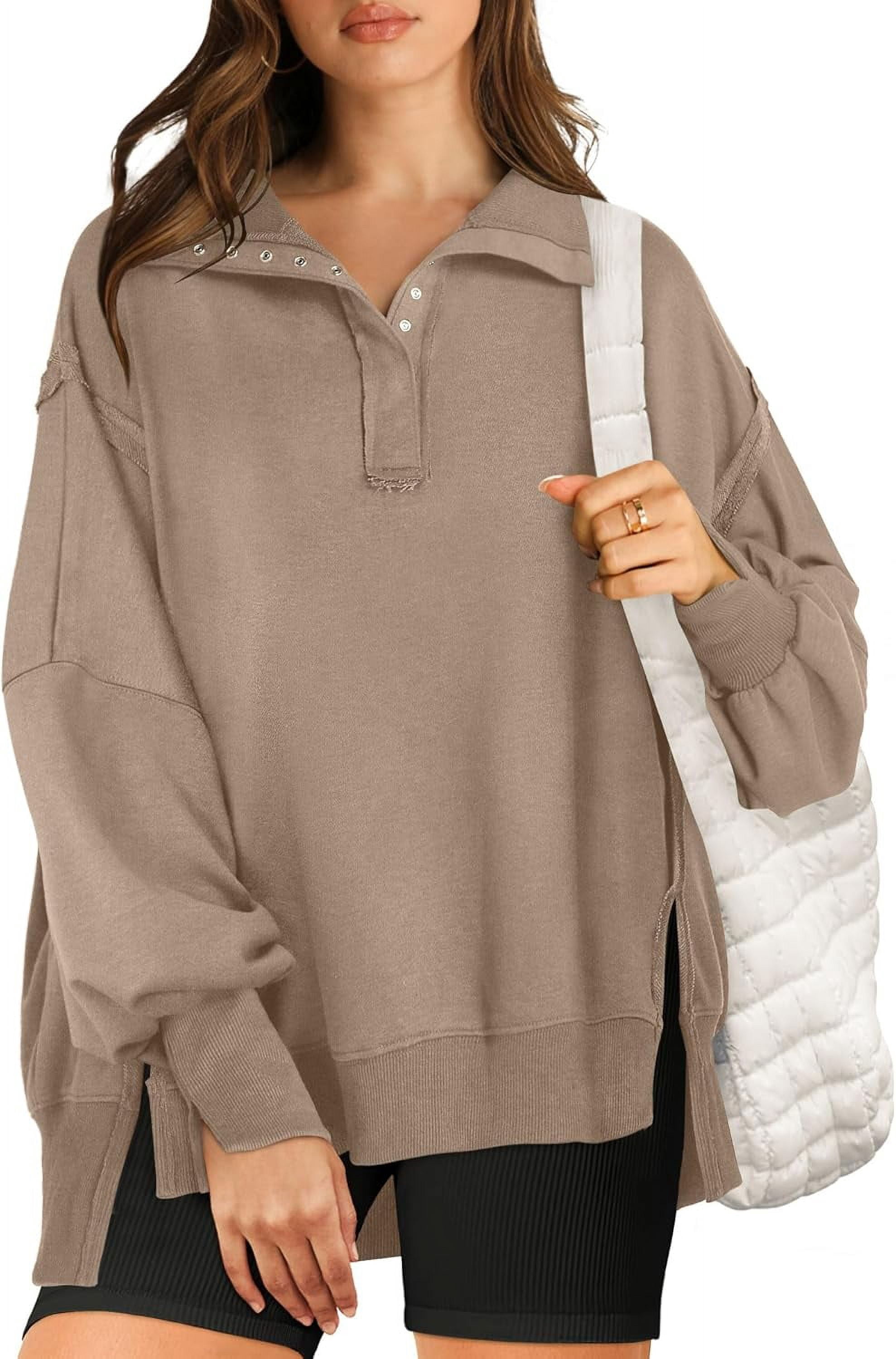 Outfits For Women BLENCOT Women's Quarter Button Sweatshirt - Oversized Collared Pullover Long Sleeve Top Henley Sweatshirts For Women