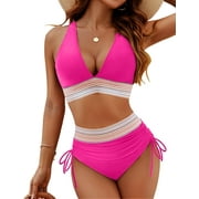 YMing Women High Waisted Bikini Sets Tummy Control Swimsuits Color Block Two Piece Drawstring Bathing Suit