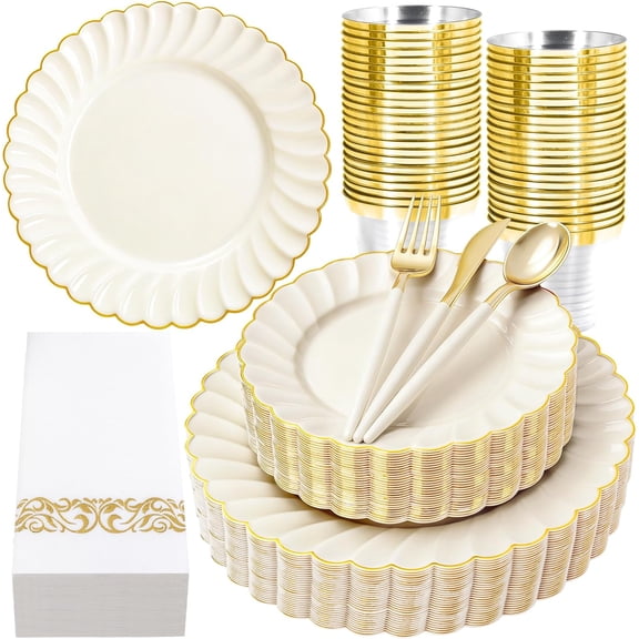YN 175 PCS Ivory Scalloped Plastic Plates - Gold Disposable Plates Fancy High-end Dinnerware Sets for Wedding & Party (25 Guests)