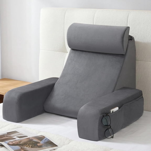YN 19" Back Support Pillow,Reading Pillow with Attached Arms & Large Pockets, Removable Washable Cover, Wedge for Sitting,Reclining,Watching TV,Post Surgery in Bed,Couch or Floor,Medium Firm,Grey