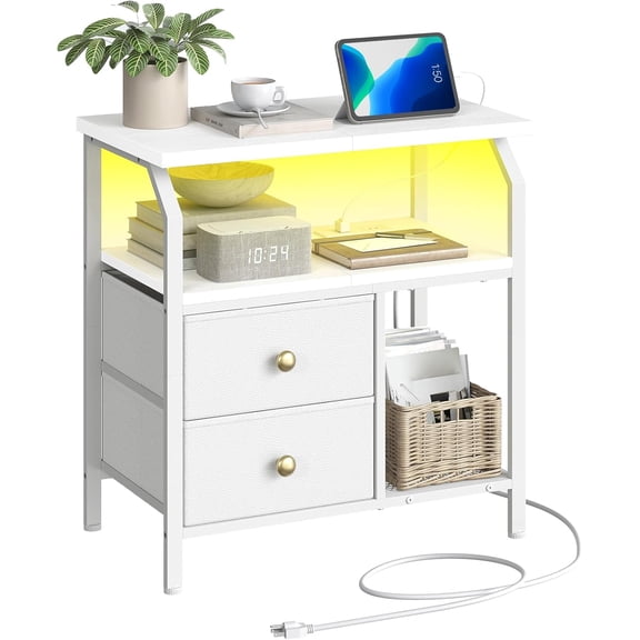 YN 23 inch Wide Nightstand with Charging Station and LED Light, Night Stand with 2 Fabric Drawers, Bedside Table, Dresser with Open Storage Shelf, End Side Table for Bedroom, White WT160UDBZ01