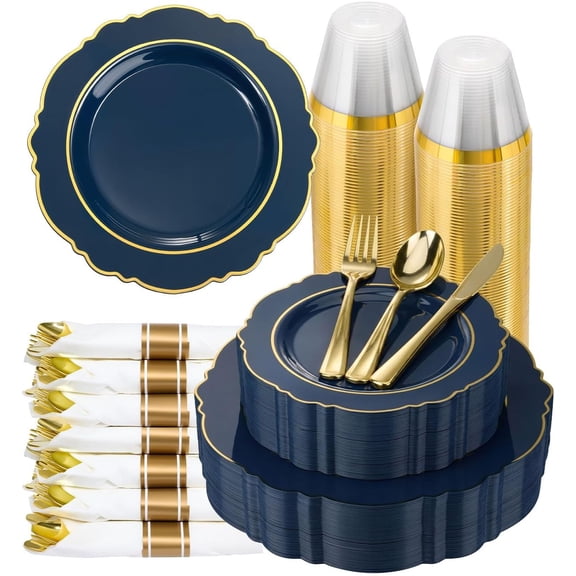 YN 350 Piece Navy Blue Plastic Dinnerware Set for 50 Guests Elegant Disposable Dinnerware for Weddings, Parties, 100 Plastic Plates, 50 Pre Rolled Napkins with Silverware, 50 Cups