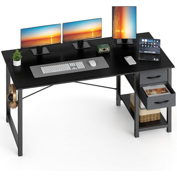 YN  47 Inch Computer Desk with Drawers for Home Office, Writing Desk with X-Shaped Reinforcement, Wood Table with Adjustable Position Drawers, Modern Study Work Table with Side Hook, Black
