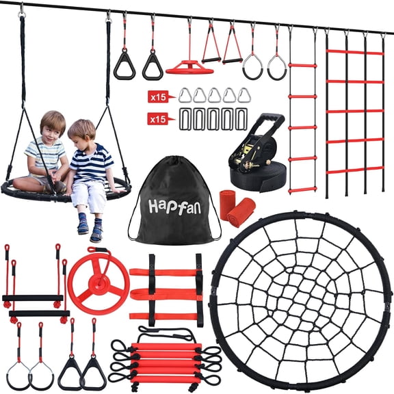 YN 50 ft Ninja Warrior Obstacle Course for Kids with Tree Swing, Portable Slackline Swing Set with Weather-Proof Obstacles, Tree Jungle Gym Outdoor Playset for Backyard Outside