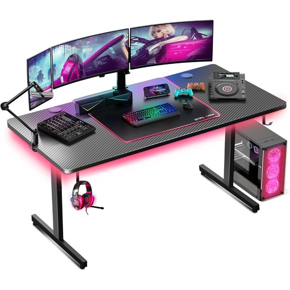 YN 55 Inch Gaming Desk with LED Lights, Large Computer Desk with Mouse Pad for Home Office, T-Shaped Carbon Fibre Surface PC Game Workstations with Headphone Hook
