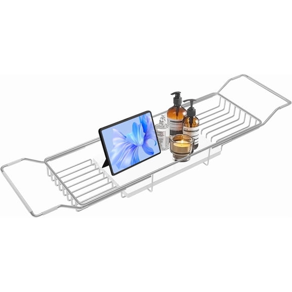 YN Bathtub Tray Stainless Steel with Marble Base Chrome Bathtub Tray with White Marble Base Adjustable & Rustproof Bath Caddy for Spa, Relaxation, Bath Bombs