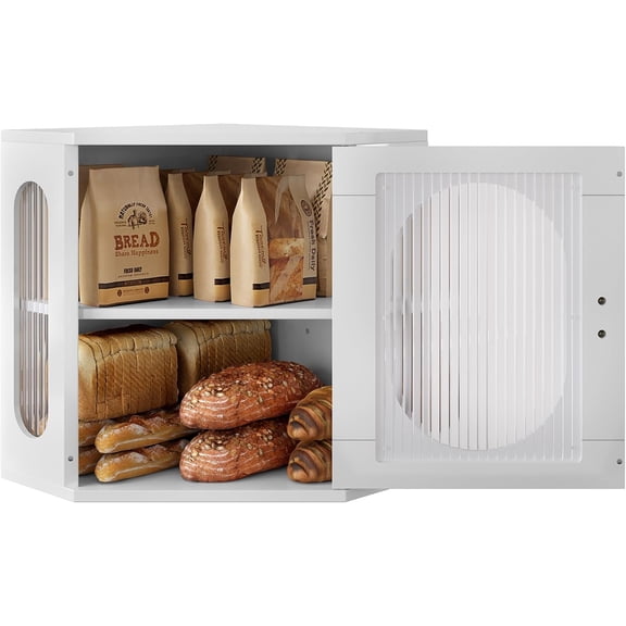 YN Corner Bread Box, Double Layer Large Storage Capacity, White | For Kitchen Countertop Pantry, Pine Wood, Keep Fresh Longer, Fit Homemade Bread & Baked, Acrylic Window, Farmhouse Style