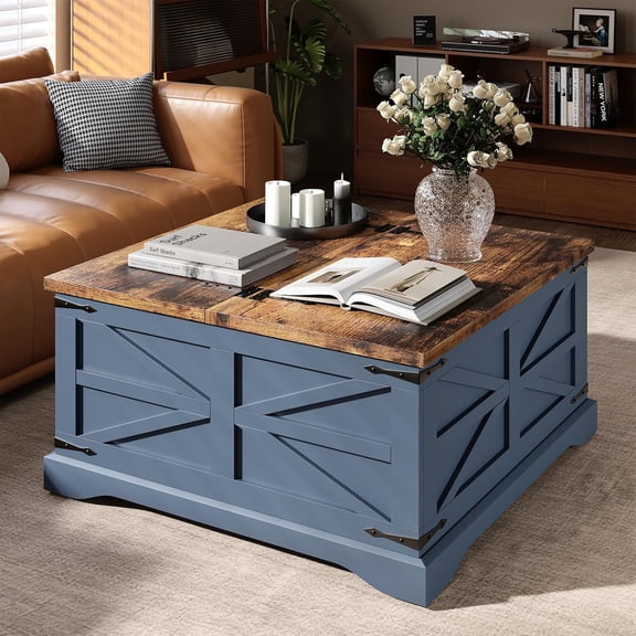 YN Farmhouse Coffee Table with Storage, Square Coffee Tables for Living Room, Rustic Wood Center Table with Hinged Lifting Tabletop for Home, Blue