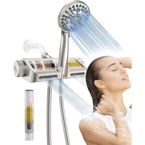 YN Filtered Shower Head with Handheld Combo Brushed Nickel - Dual 2-in-1 Spa System with Massage Shower Head and 10 Modes Hand Held Showerhead, High Pressure, Buit in Power Wash Mode