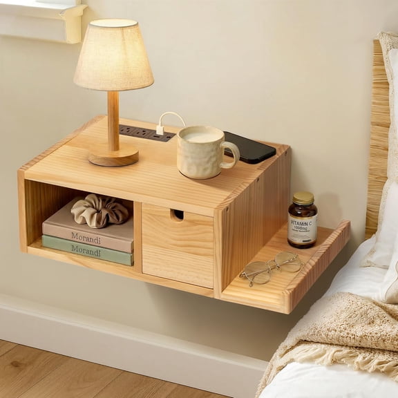 YN Floating Nightstand with Charging Station, Wall Mount Night Stand with Drawer Hanging Bedside Table End Table, Solid Wood Modern Side Table Shelf for Bedroom Natural Wooden Decor