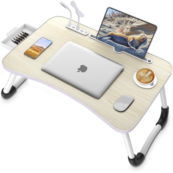 YN Laptop Lap Desk, Foldable Laptop Table Tray with 4 USB Ports Storage Drawer and Cup Holder, Lap Bed Desk Notebook Stand Laptray Portable Standing Table for Bed Couch Floor