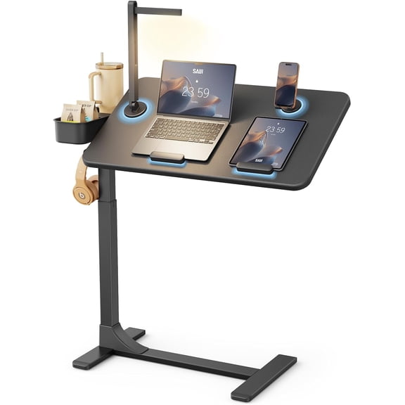 YN Magnetic Overbed Bedside Table with Wheels, Height and 360 Angle Adjustable Over Bed Desk with Led Light, Portable Lengthened Rolling Laptop Standing Desk Mobile Bed Tables Hospital Home Use