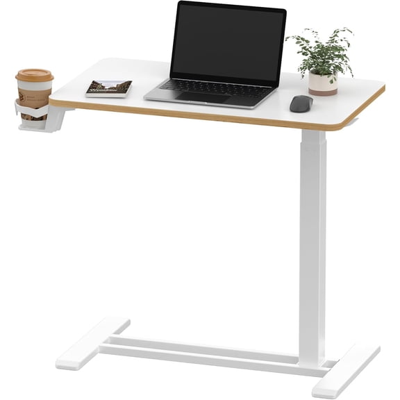YN Medical Adjustable Overbed Bedside Table with Hidden Casters, Pneumatic Mobile Laptop Computer Standing Desk Cart Overbed Table with Tray, Hospital and Home Use(27.6" W x 15.7" D, White)