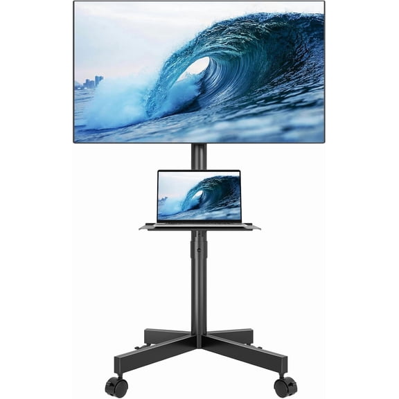 YN  Mobile TV Stand for 23-65 Inch TVs, Rolling TV Stand with Locking Wheels, Adjustable Height, Media Shelf, Outdoor TV Stand Max VESA 400x400mm, Holds Up to 88lbs