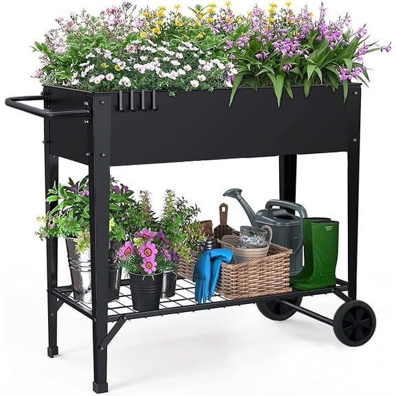 YN Raised Garden Bed with Wheels and Legs for Outdoor Use, Mobile Elevated Planter Cart for Vegetable Herbs Flowers Potted Plants, Black