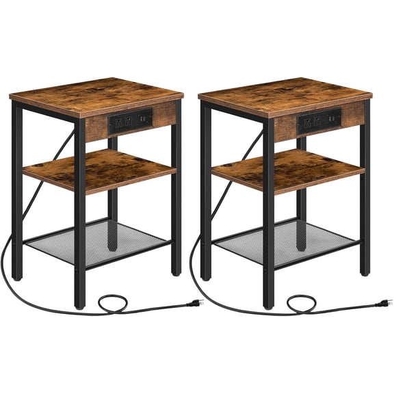 YN Side Tables Set of 2 with Charging Station and USB Port, Small End Tables for Small Space, 3-Tier Nightstands with Adjustable Shelf, for Living Room, Bedroom, Rustic Brown BF112BZP201