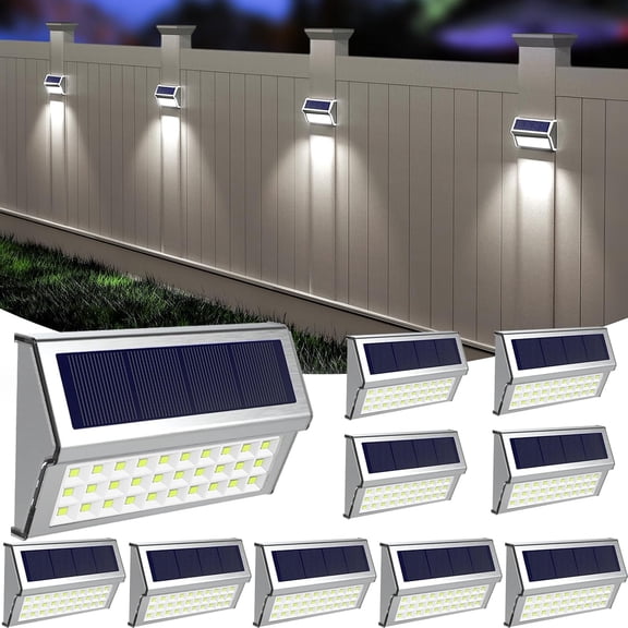 YN Solar Lights Outdoor, 10 Pack 30 LED Fence Lights Waterproof Solar Powered Deck Post Lamps Stainless Steel Outside Step Lighting for Backyard Yard Walkway Stairs, Cool White Light