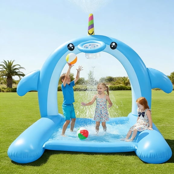 YN8.7FT Inflatable Whale Sprinkler for Kids, 3-in-1 Large Splash Pad with Basketball Hoop, Outdoor Water Toys for Toddlers Ages 3-8, Summer Backyard Fun Sprinkler Mat for Dogs & Family