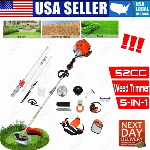 YNCE 2025 New 5 in 1 2-Stroke Gas String Trimmer with Hedge Trimmer,Brush Cutter Powered, 52cc Gas Powered Weed Eater for Weeds and Grass, Weed Eater, Hedge Trimmer, Edger, Brush Cutter