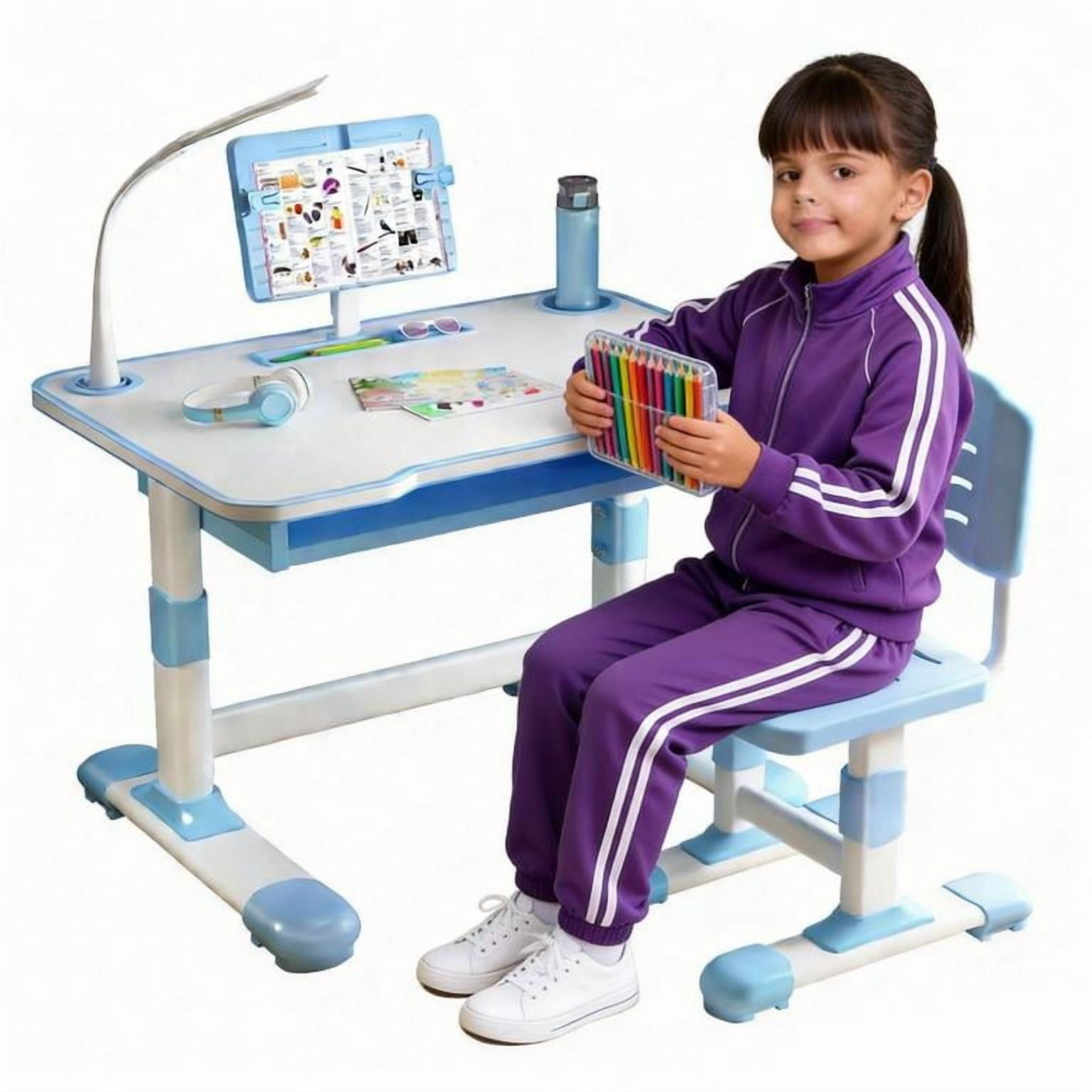 YNCE 2025 New Updated Kids Desk and Chair Set, Height Adjustable Astronaut Pattern Children School Desk with Shelf & Large Drawers, Kids Writing Study Table for Boys Girls 3+