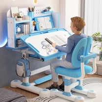 YNCE 2025 New Updated Kids Desk and Chair Set, Height Adjustable Astronaut Pattern Children School Desk with Shelf & Large Drawers, Kids Writing Study Table for Boys Girls 3  (Blue #8)