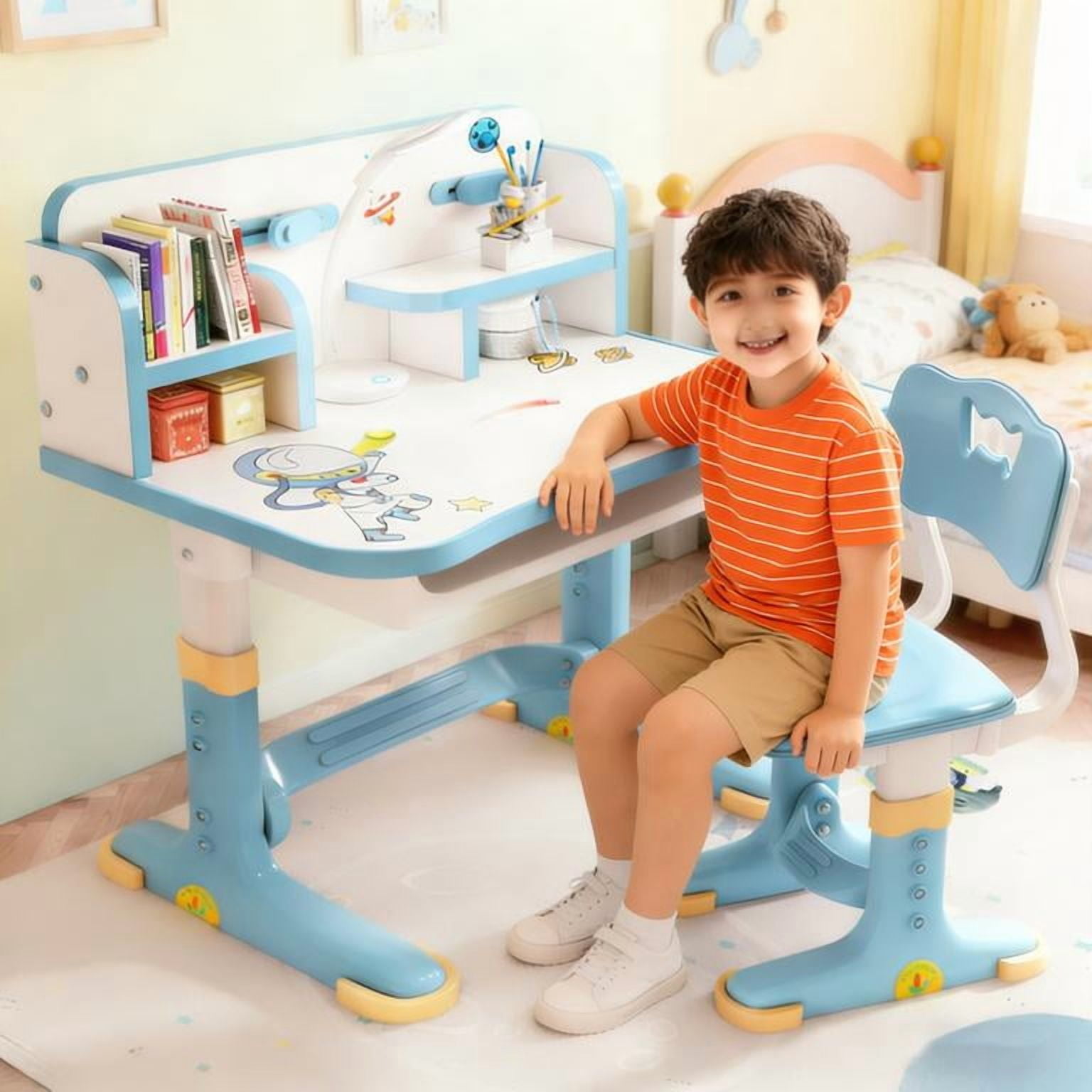 YNCE 2025 New Updated Kids Desk and Chair Set, Height Adjustable Astronaut Pattern Children School Desk with Shelf & Large Drawers, Kids Writing Study Table for Boys Girls 3+
