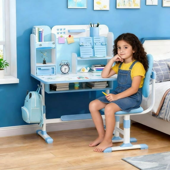 YNCE 2025 New Updated Kids Desk and Chair Set, Height Adjustable Astronaut Pattern Children School Desk with Shelf & Large Drawers, Kids Writing Study Table for Boys Girls 3+