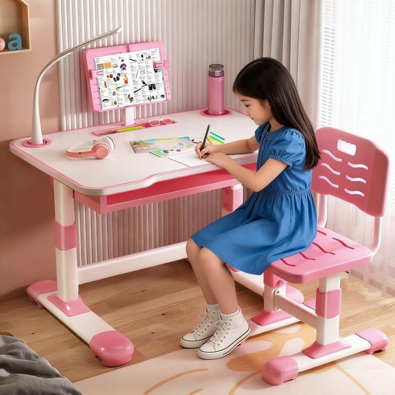 YNCE 2025 New Updated Kids Desk and Chair Set, Height Adjustable Astronaut Pattern Children School Desk with Shelf & Large Drawers, Kids Writing Study Table for Boys Girls 3+