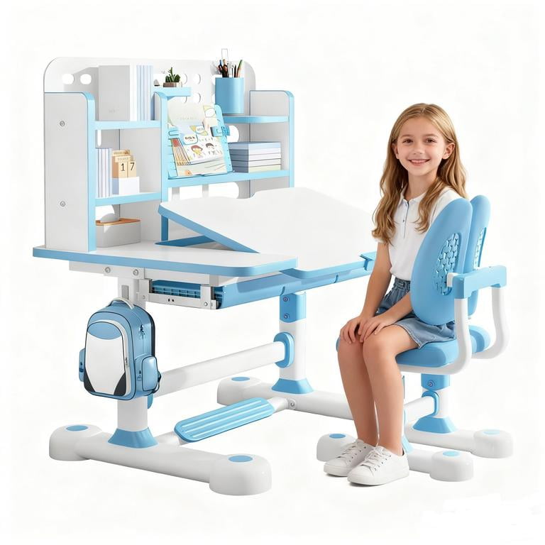 YNCE 2025 Upgrade Kid Desk and Chair Set, 50-Degree Tiltable Desktop Height Adjustable Kids Table and Chair Set with Bookshelf Storage Drawer for Bedroom Study Room (Blue #3)